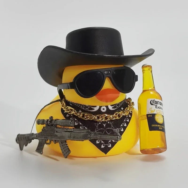 Cool Cowboy Style Rubber Duck Car Dashboard Decor with Bandana Sunglasses Gold Chain & Toy Gun Accessory Set