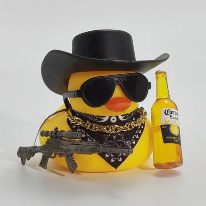 Cool Cowboy Style Rubber Duck Car Dashboard Decor with Bandana Sunglasses Gold Chain & Toy Gun Accessory Set