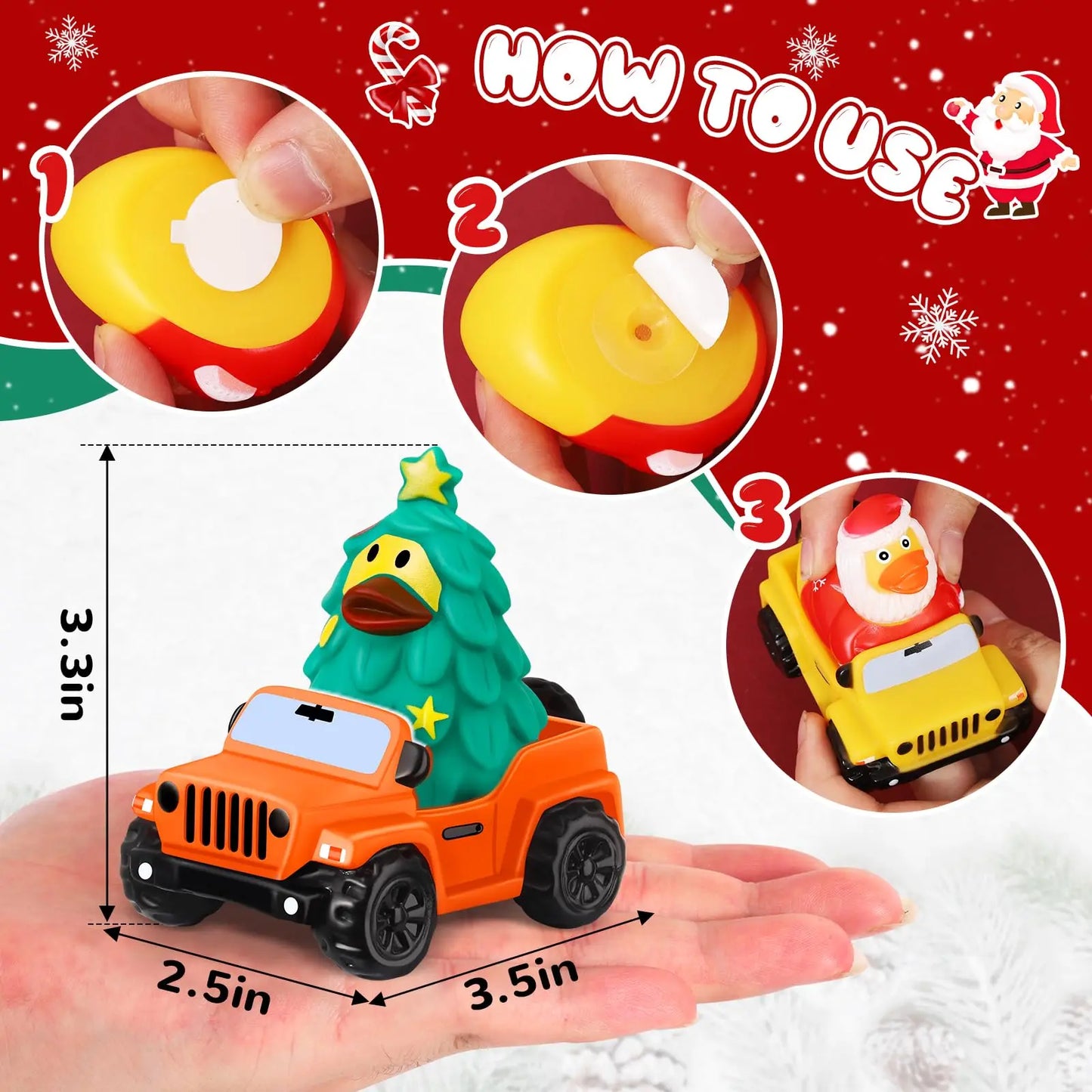 24 Pcs Christmas Jeep Ducks Rubber Ducks, 3.5 Inch Jeep Ducks for Ducking, Jeeps Suitable for 2 Inch Ducks, 12 Christmas Rubber