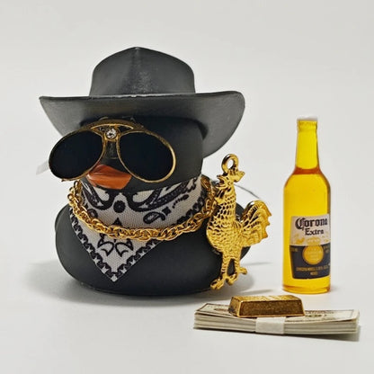 Cool Cowboy Style Rubber Duck Car Dashboard Decor with Bandana Sunglasses Gold Chain & Toy Gun Accessory Set