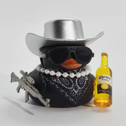 Cool Cowboy Style Rubber Duck Car Dashboard Decor with Bandana Sunglasses Gold Chain & Toy Gun Accessory Set