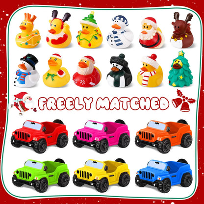 24 Pcs Christmas Jeep Ducks Rubber Ducks, 3.5 Inch Jeep Ducks for Ducking, Jeeps Suitable for 2 Inch Ducks, 12 Christmas Rubber