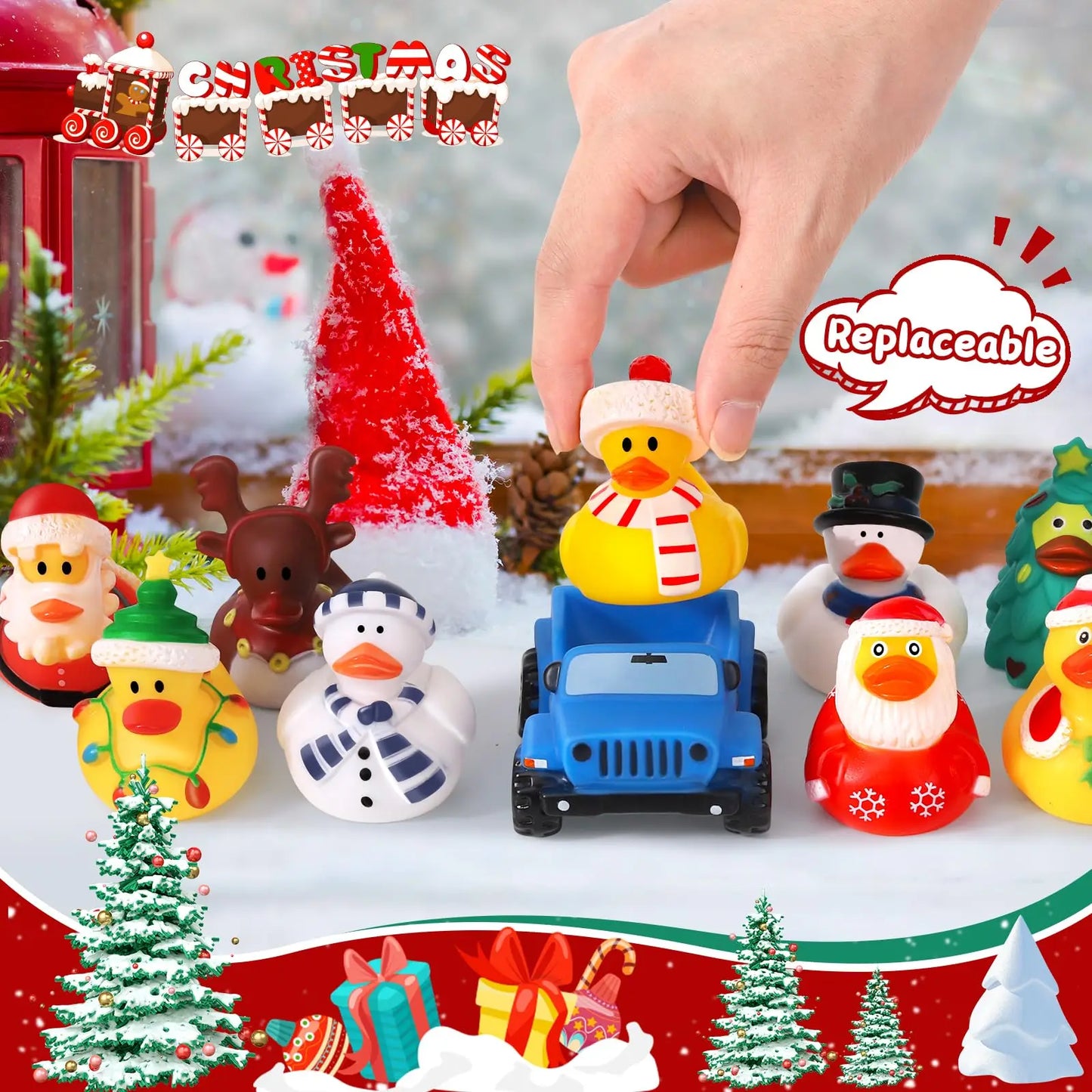 24 Pcs Christmas Jeep Ducks Rubber Ducks, 3.5 Inch Jeep Ducks for Ducking, Jeeps Suitable for 2 Inch Ducks, 12 Christmas Rubber