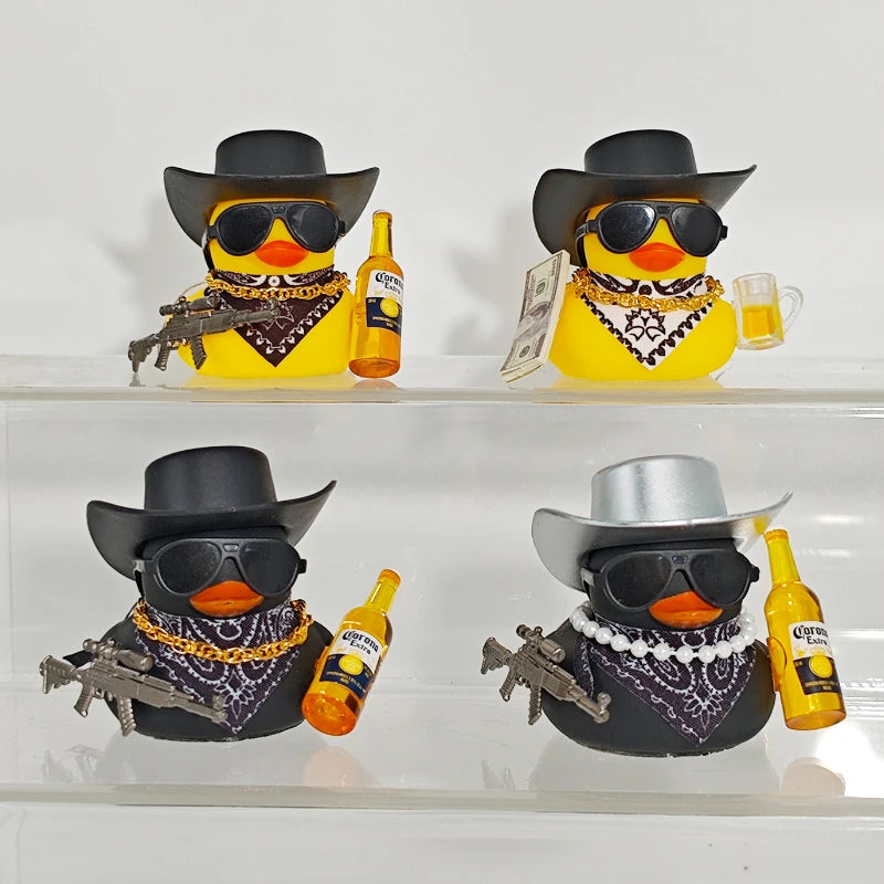 Cool Cowboy Style Rubber Duck Car Dashboard Decor with Bandana Sunglasses Gold Chain & Toy Gun Accessory Set