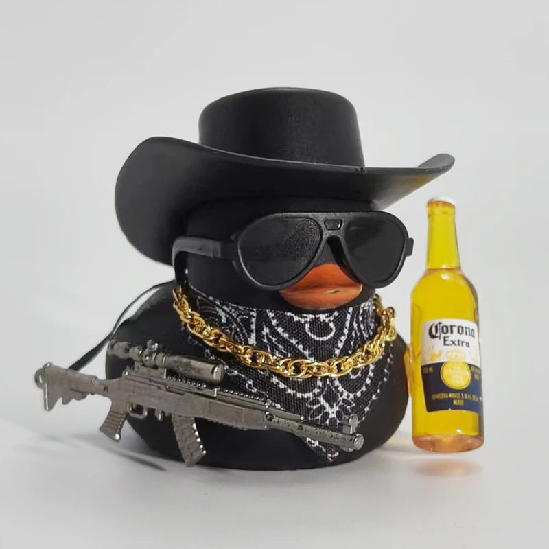 Cool Cowboy Style Rubber Duck Car Dashboard Decor with Bandana Sunglasses Gold Chain & Toy Gun Accessory Set