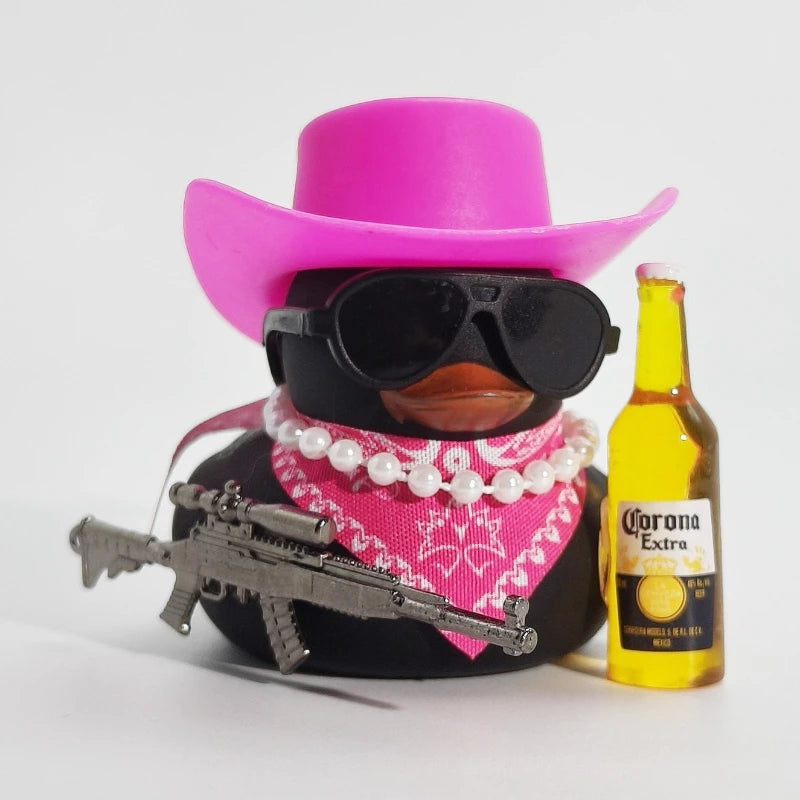 Cool Cowboy Style Rubber Duck Car Dashboard Decor with Bandana Sunglasses Gold Chain & Toy Gun Accessory Set