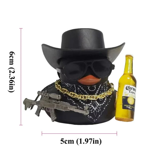 Cool Cowboy Style Rubber Duck Car Dashboard Decor with Bandana Sunglasses Gold Chain & Toy Gun Accessory Set