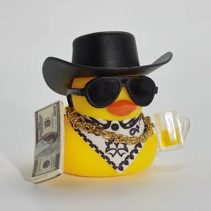 Cool Cowboy Style Rubber Duck Car Dashboard Decor with Bandana Sunglasses Gold Chain & Toy Gun Accessory Set