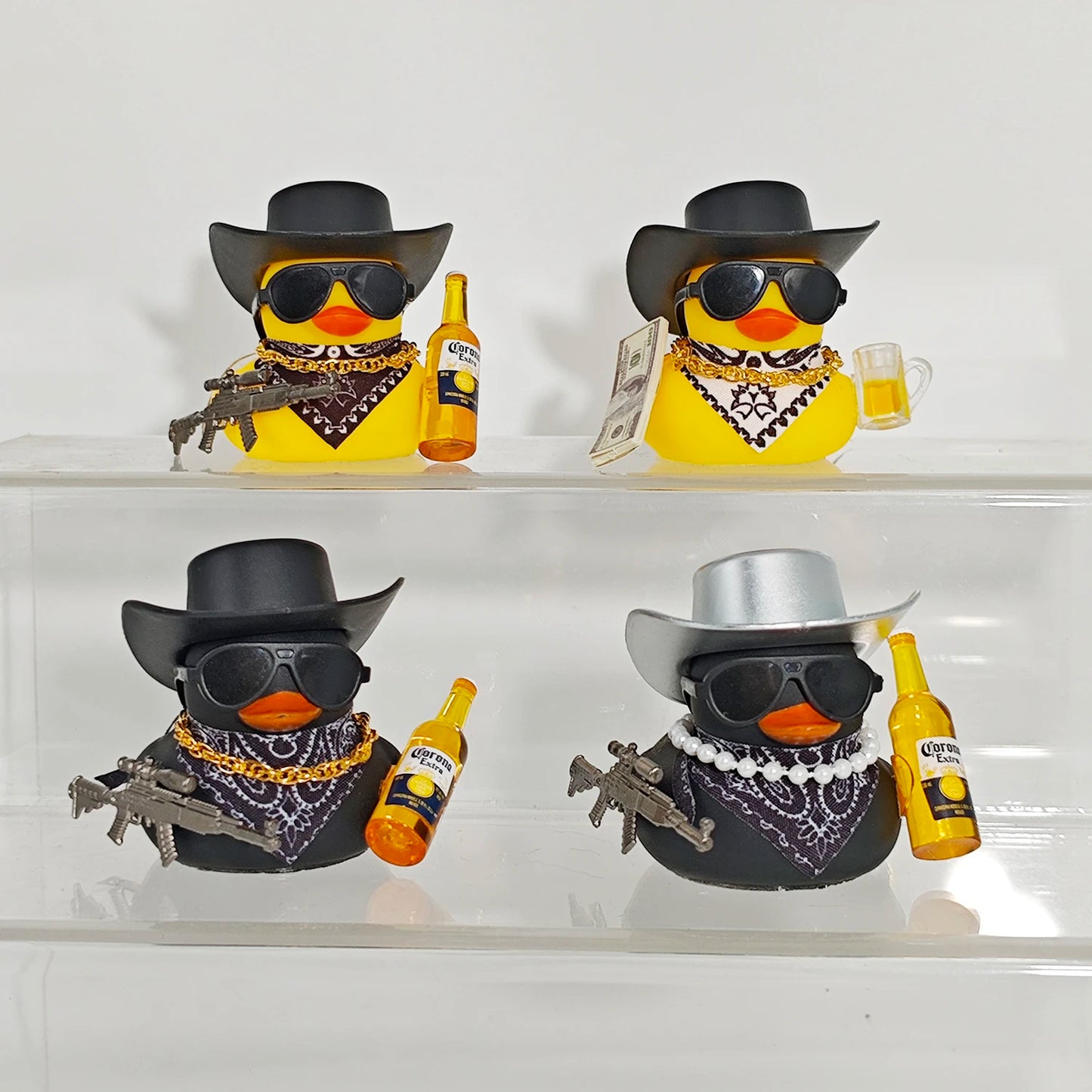 Cool Cowboy Style Rubber Duck Car Dashboard Decor with Bandana Sunglasses Gold Chain & Toy Gun Accessory Set